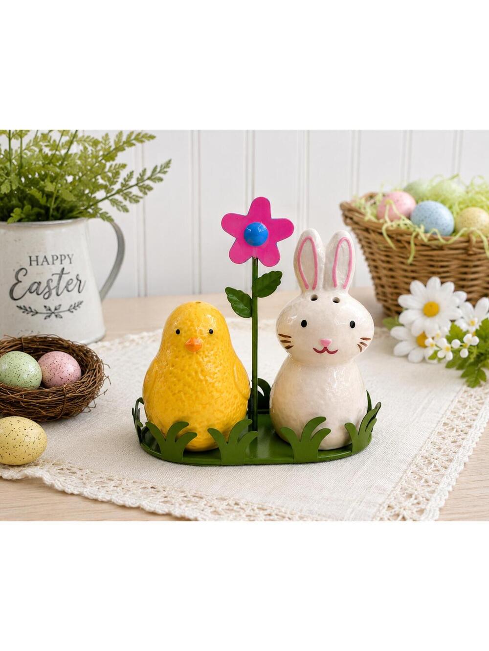Cracker Barrel Easter Eggs Ceramic Salt & Pepper Shakers with Metal Stand in Box
